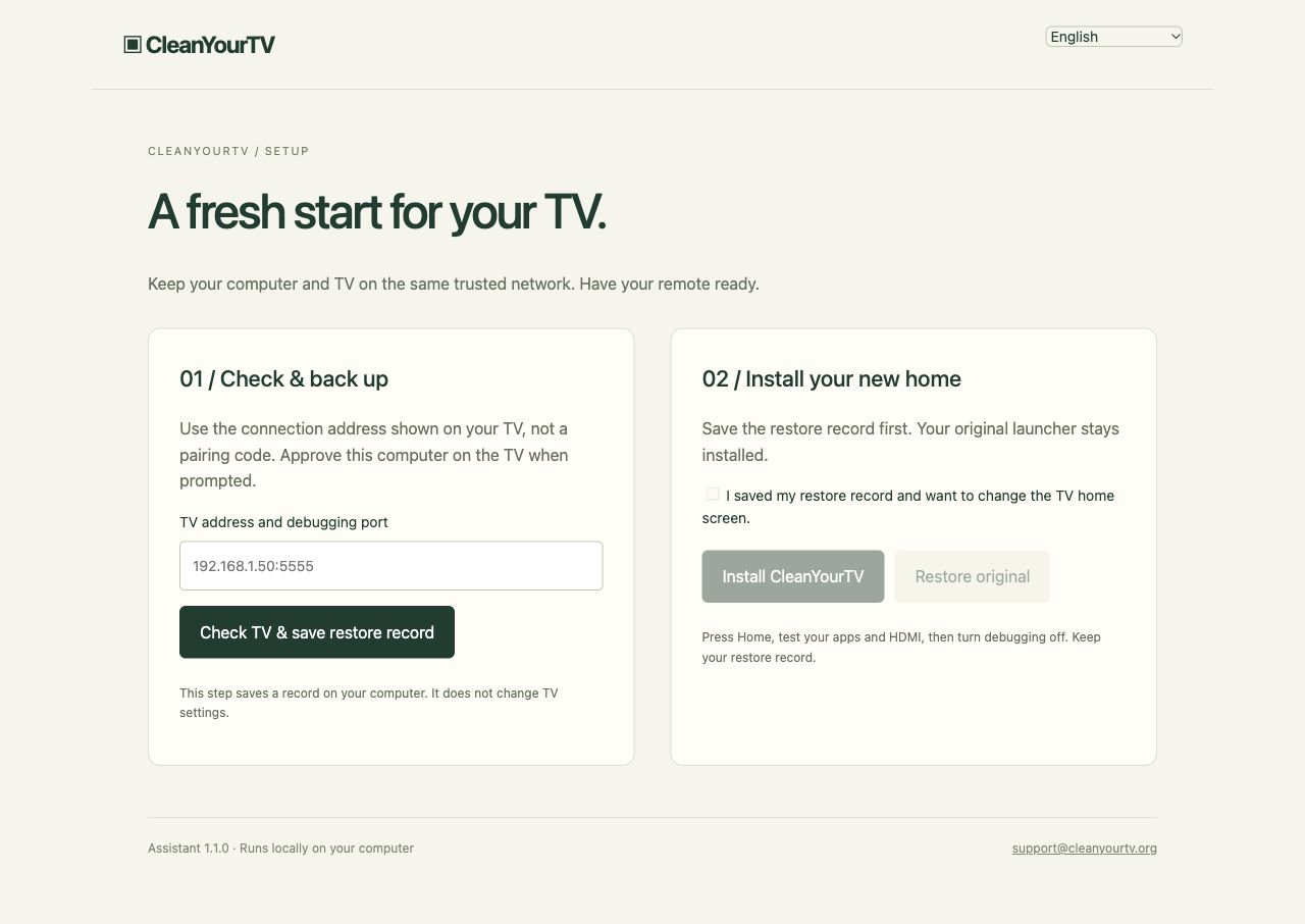 Actual assistant interface: first check the television and save its restore record, then confirm installation.