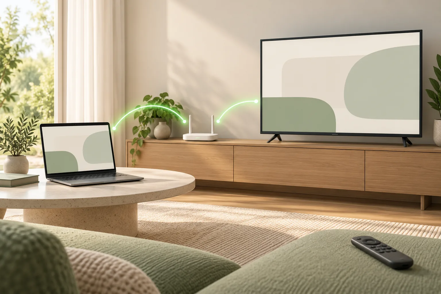 Concept illustration: prepare a computer, television and remote on your own home network.